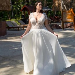 Plus Size Cap Sleeve A Line Dresses V Neck Lace Appliques Crystal Belt Boho Bridal Gown Chiffon Civil Wedding Gowns 326 326