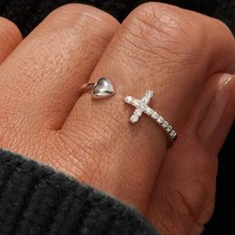 Adjustable Women's Rings Cross and Heart White Gold Colour Aesthetic Cubic Zirconia Fashion Jewellery Dainty Pinky Ring Gift KBR065