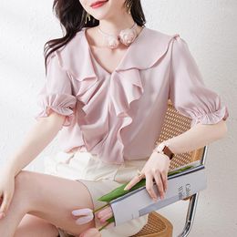 Women's Blouses Women Clothing Chiffon Blouse Female Korean Shirts Ladies White Pink Slim Fit Tops