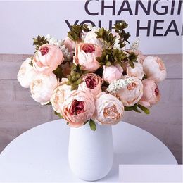 Decorative Flowers Wreaths 47Cm Beautif Silk Peony Artificial Bouquet 6 Big Head 2 Bud And 5 Plastic Grass Stem Flore For Home Wed Dhwuh
