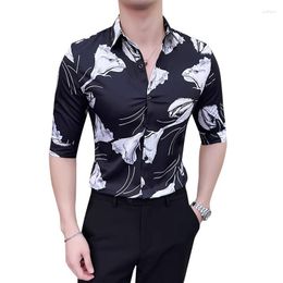 Men's Casual Shirts Spring Summer Half-sleeved Camisas Masculino Fashion Flower Print Slim Fit Male Dress Shirt Retro Elegant Men Floral