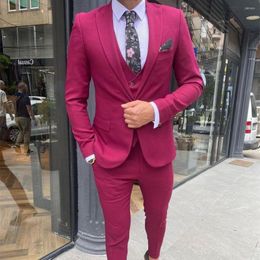 Men's Suits Rose Red Peaked Lapel Blazer Trousers Men Sets Custom Made Male Costume Slim Fit Wedding Clothing 3Pcs Jacket Vest Pants