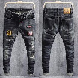 Men's Jeans Street Fashion Men Retro Black Blue Stretch Slim Fit Ripped Patches Designer Hip Hop Vintage Denim Pants Hombre