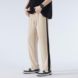 Men's Pants Stripe Loose Casual Ice Silk Elasticity Wide Leg Fashion Sweatpants 2023 Sports Preppy Style Straight Trouser