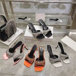 Premium Designer women sandals high quality sparkly silk rhinestones simple elegant stiletto slippers