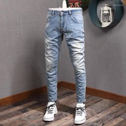Men's Jeans Fashion Designer Men Retro Light Blue Elastic Stretch Slim Fit Patched Ripped Korean Style Vintage Denim Pants