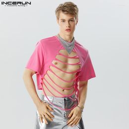 Men's T Shirts INCERUN Tops 2023 American Style Mens Fashion Hollow Connection Strip T-shirts Sexy Casual Solid O-neck Short Sleeved Tees