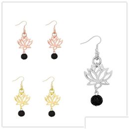 Dangle Chandelier Sier Gold Color Black Lava Stone Lotus Earrings Diy Aromatherapy Essential Oil Diffuser Earings Jewelry Women Dr Dht4N