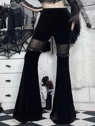 Women's Pants InsDoit Y2K Velvet Gothic See Through Winter Mesh Patchwork Grunge Streetwear Vintage Black E Girl Leg Belted Flared