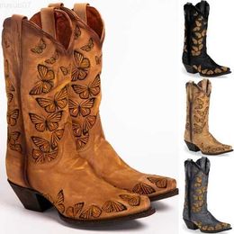 Boots Women's Embroidered Butterfly Cowgirl Boots Western Boots Womens Retro Knee High Boots Handmade Leather Cowboy Boots Large Size L230711