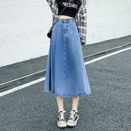 Skirts GUUZYUVIZ Elegant Long Jeans Skirt Summer Thin Korean Fashion High Waist Denim A-line Pleated