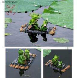 Resin Floating Bamboo raft Frog Statue duck Sculpture Outdoor Garden Pond Decorative Home Fish Tank Garden Decor Desk Ornament L230620