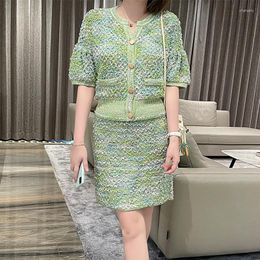 Work Dresses Mixed Green Hollow Out Top And Skirt 2 Piece Set 2023 Summer Puff Sleeve Knitted Cardigan Short Step Suit Two