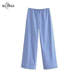 Cover-up Slx Fashion Striped Women's Pants 2023 Summer Wide Leg Pants Women Casual Loose Trousers Ladies Low Waist Lace Up Pant New in