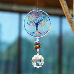 H D Chakra Tree of Life Suncatcher Handmade Crystal Mandala Prism Decor Window Car Wall Art Hanging Ornament for Home Office L230620