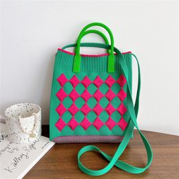 Evening Bags 80s Fashion Vintage Crochet Plaid Medium Size Handbag Summer Ins Korean Retro Knit Square Stylish Side Sling Bag Crossbody 230711