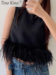 Women's Tanks Camis Women Sleeveless Feather Patchwork Tank Tops Furry O-neck Tunic Female Vest Spring Summer Fashion Lady Party Club T-shirt 230710