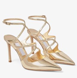 Summer Luxury Azia Women Sandals Shoes Black Nude Gold Sliver Patent Leather Pointed Toe High Heels Party Wedding Lady Gladiator Sandalias EU35-43