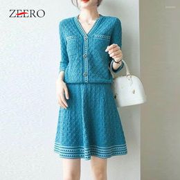 Work Dresses Autumn Knitted 2 Piece Set Women Striped V Neck Cardigan Sweater Coat Crop Tops Mini Skirt Sets And Top