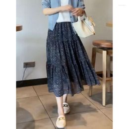 Skirts Big Hem Floral Blue Half-body Skirt Long For Women Fashion 2023 Summer Light Mature Style A-line Faldas