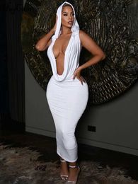 Urban Sexy Dresses Hugcitar Hooded Sleeveless White Sexy Bodycon Maxi Dress 2023 Summer Women Fashion Goth Clothes Y2K Streetwear Party Casual L230711