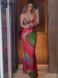 Urban Sexy Dresses Hugcitar Halter Sleeveless Colourful Tie Dye Hollow Out Bandage Sexy Slim Maxi Dress 2023 Summer Women New Party Festival Clothes L230711