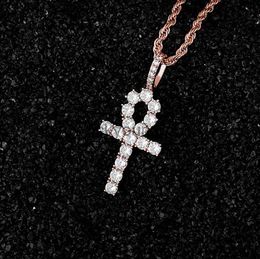 Pendant Necklaces Iced Rose Gold Ankh Egyptian Pendant Hiphop Zirconia Nail Cross Necklace for Men Women Jewellery with 24inch Rope chain x0711 x0711