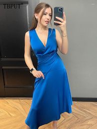 Casual Dresses Elegant Solid Sleeveless Stain Dress Women Sexy Deep V Neck High Waist Robes Vestidos 2023 Spring Party Evening