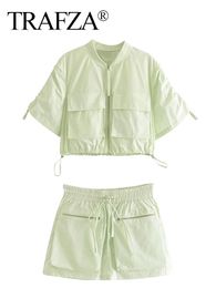 Parkas Trafza Women's Light Green Zipper Short Sleeve Shirt Coats + Skirts Set Drawstring Style Women's Multiple Pocket Suit Commuting