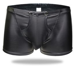 Briefs Panties Plus Size Sexy Men Boxers Open Crotch Faux Lingerie Stage U Convex Pouch Black Patent Leather Boxers Shorts Underwear 230710