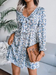 Casual Dresses Bow Chiffon Floral Dress V-Neck Long Sleeve Vintage Blue Summer For Women Flare White Knee-Length In
