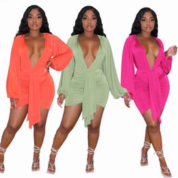 Urban Sexy Dresses Sexy Women Mini Dress Deep V-neck Full Sleeve Bandage Streetwear Party Night Clubwear Solid Colour Clothes For Women Vestidos L230711