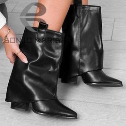 Boots Women Knee High Med Calf Boots Chunky Hee Fashion Slip On Cowboy Western Style Pointed Toe Shoes Vintage 2022 Winter Autumn New L230712