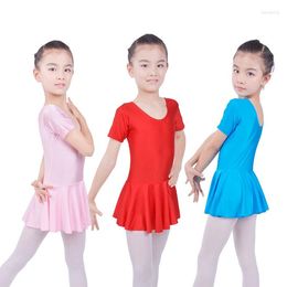 Stage Wear Kids Girls Gymnastics Short Sleeve Ballet Dance Outfit Leotards With Skirt Dress For Competition Show Dancing Costume