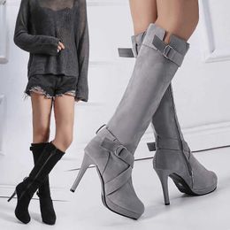 Boots 2022 Sexy Knee High Women Boots Thin High Heel Round Toe Platform Fashion Ladies PU Leather Boots Size 34-43 Lady Shoes L230711
