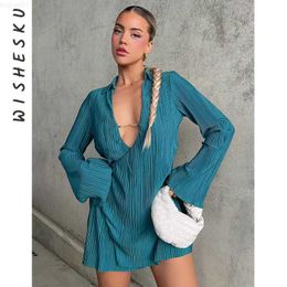 Urban Sexy Dresses Sexy Deep V Neck Long Sleeve Casual Mini Dress Women Lapel Chain Loose Holiday Vestido 2023 Summer Fall Boho Elegant Y2K Clothes L230711