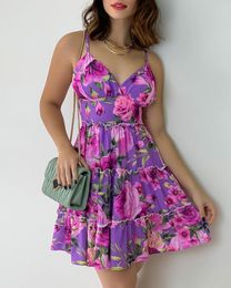 Casual Dresses EWSFV 2023 Summer Women Explosion Style Fashion Sweet Sexy Print Purple Waist Slim Suspender Dress