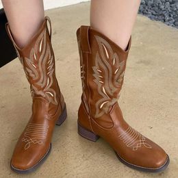 Boots Western Cowboy boot Women's Spring and Autumn Comfort Embroidery Knight Boots Square toe Non slip High heels L230711