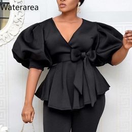 Women s Hoodies Sweatshirts Waterarea Elegant Women V neck Bow Sashes Ruffles Lantern Half Sleeve Pullover Sweatshirt Blouse Tops 230711