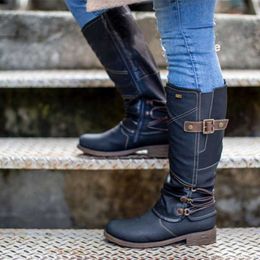 Boots Winter Fashion Women's Boots Side Zipper Buckle Strap Knee High Boots Ladies Round Toe Low Heels Punk Riding Boots Botas Mujer L230711