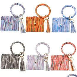 Key Rings Ups Shiny Pu Leather Card Bag Keychains Party Bracelet Keychain Wallet With Tassels String Bangle Ring Holder Wristlet Han Dheym