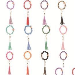 Key Rings Mtif Tassel Circle Wristlet Keychain Bangles Fashion Charm Jewelry Florial Leopard Printed Wooden Beads Bracelet Chain For Dhqrj