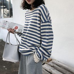 Women's T Shirts Vintage Striped Cotton Woman T-Shirt Casual Long Sleeve Tees V-Neck Streetwear Top Korean Harajuku Basic Camisas Mujer