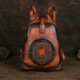 School Bags Vintage Women Leather Backpack Floral Double Shoulder Bag Retro Chiniese Style Girls Backpacks