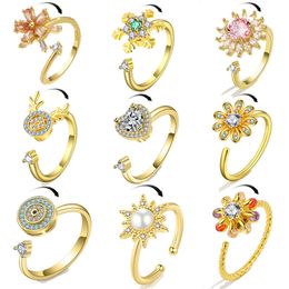 Wedding Rings Anti stress Anxiety Ring Rotating Flower Moon Star Butterfly Crystal Zircon Fidget Spinner Open for Women Gift 230710