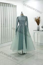 Party Dresses Organza Appliques Beaded Wedding Dress Long Sleeve High Neck Islamic Prom Formal Gown Arabic Kafudan