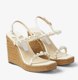 Summer Luxury Amatuus Sandals Shoes Latte Nappa Latte Wedge with Pearls & crystal embellishment Party Wedding Lady Gladiator Sandalias EU35-43