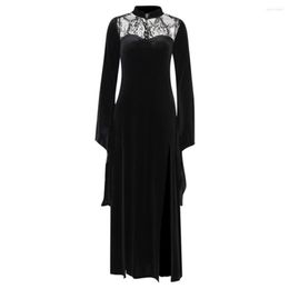 Casual Dresses Vintage Velvet Long Women Autumn Halloween Party Witch Costume Black Lace Patchwork Flare Sleeve Gothic High Split Dress