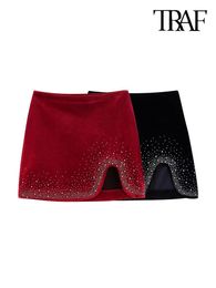 Sets Traf Women Fashion with Rhinestone Veet Mini Skirt Vintage High Waist Side Zipper Female Skirts Mujer