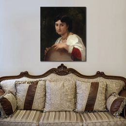 Canvas Art Italian Woman with Tambourine Classical Portrait William Adolphe Bouguereau Painting Handmade Exquisite Wall Decor
